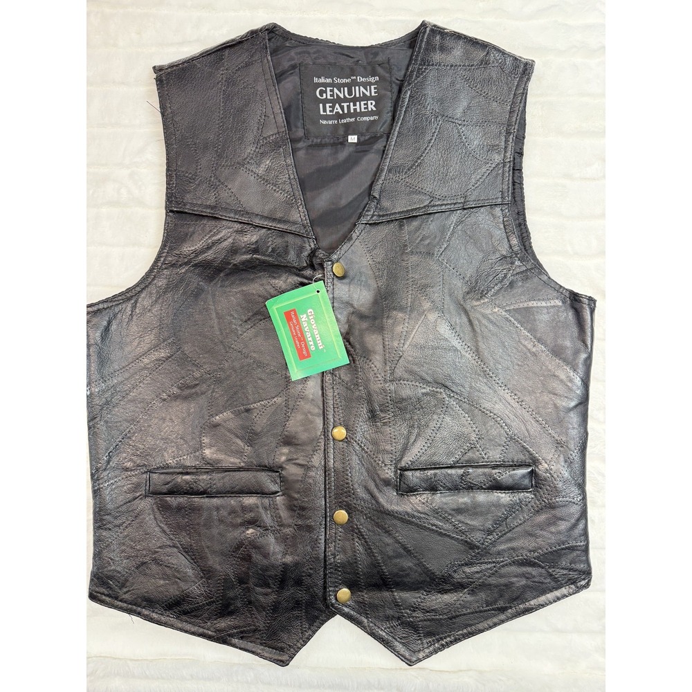Giovanni Navarre Motorcycle Vest‎ Mens Medium Black Italian Stone Leather Biker